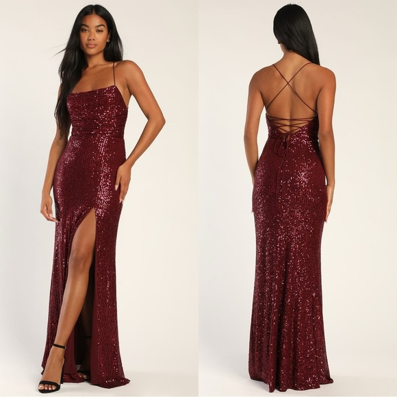 NWOT Lulus‎ Evenings of Elegance Burgundy Sequin Lace-Up Maxi Dress - Picture 1 of 10